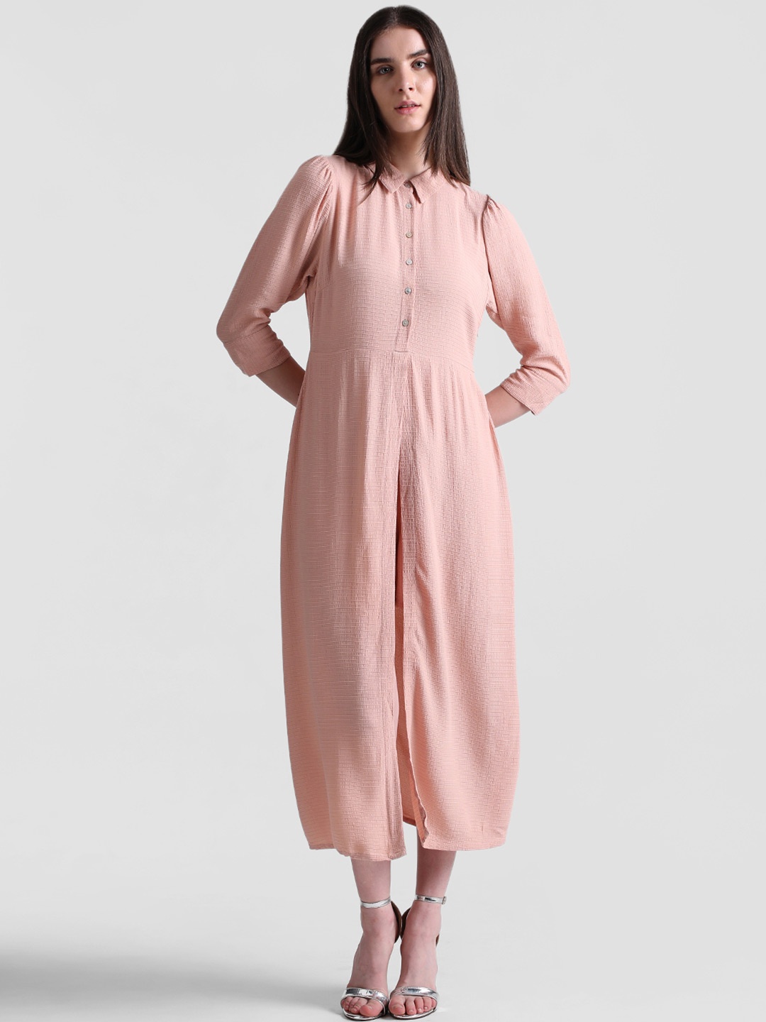 ONLY Self Design Puff Sleeve Fit & Flare Midi Dress, Peach