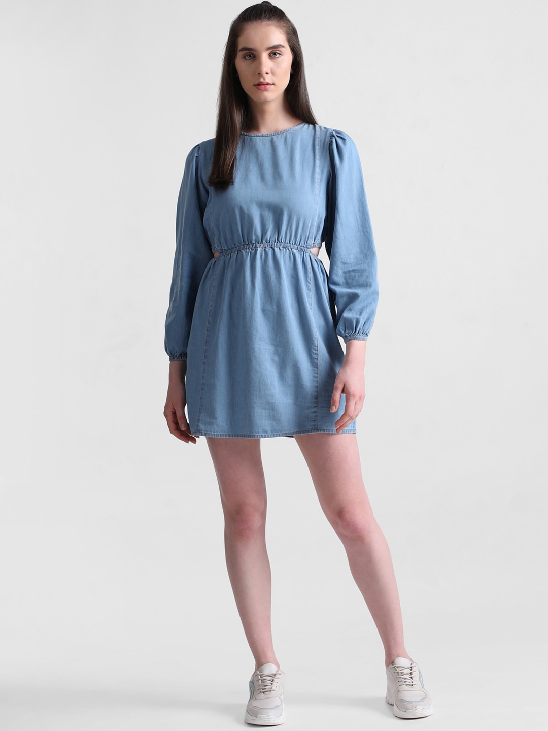 

ONLY Puff Sleeve Pure Cotton Mini A-LineDress With Cut Outs, Blue