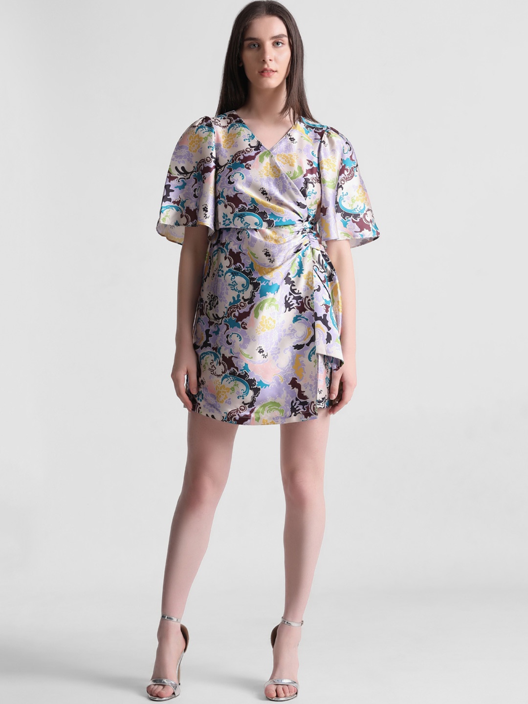 

ONLY Floral Printed V-Neck Flared Sleeves Gathers Wrap Dress, Lavender