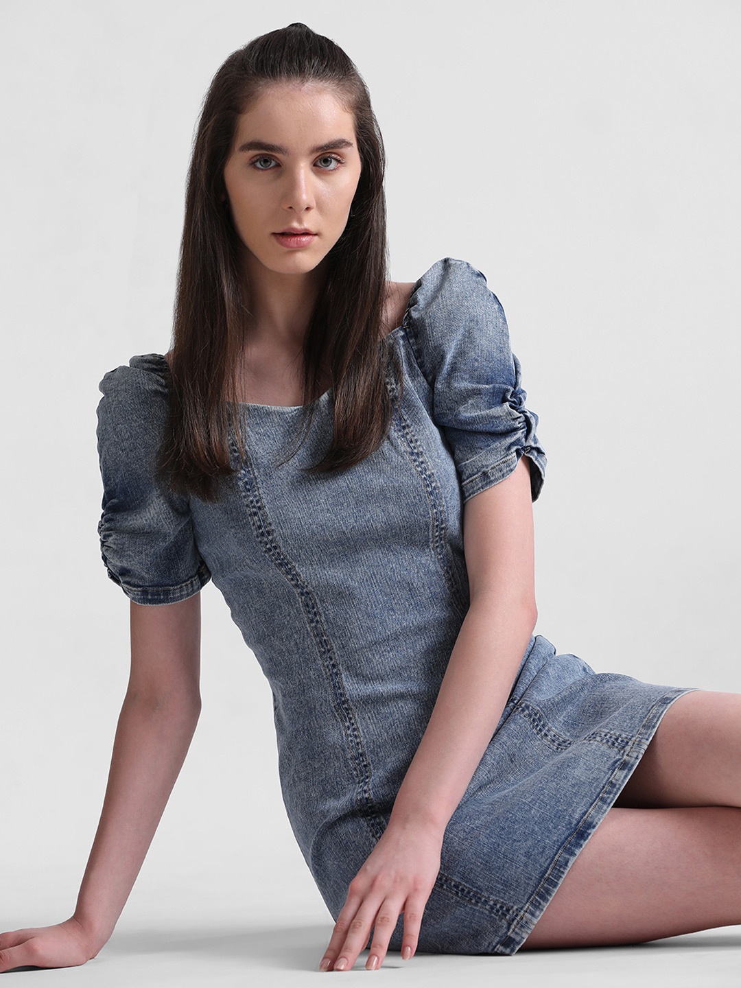 

ONLY Sweet Heart Nek Puff Sleeve A-Line Denim Dress, Blue