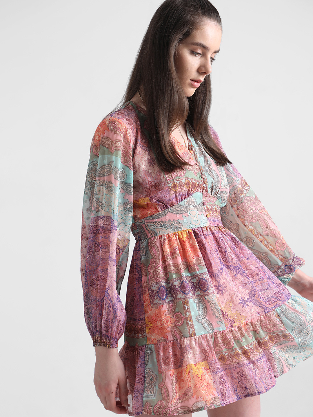 

ONLY Ethnic Motifs Printed Bishop Sleeves Mini Fit & Flare Dress, Pink