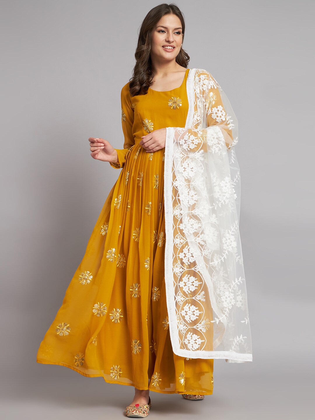 

BLACK SCISSOR Fit & Flared Sequined Anarkali Ethnic Dress With Embellished Dupatta, Mustard