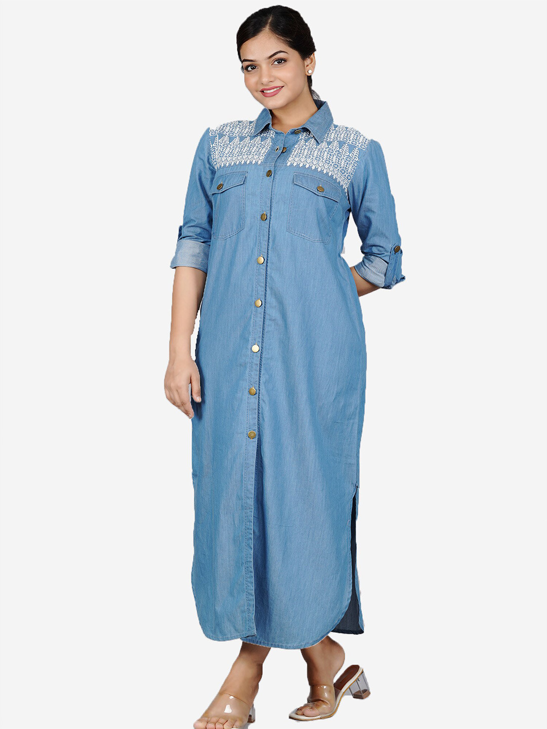 

SUMAVI-FASHION Organic Cotton Shirt Style Dress, Blue