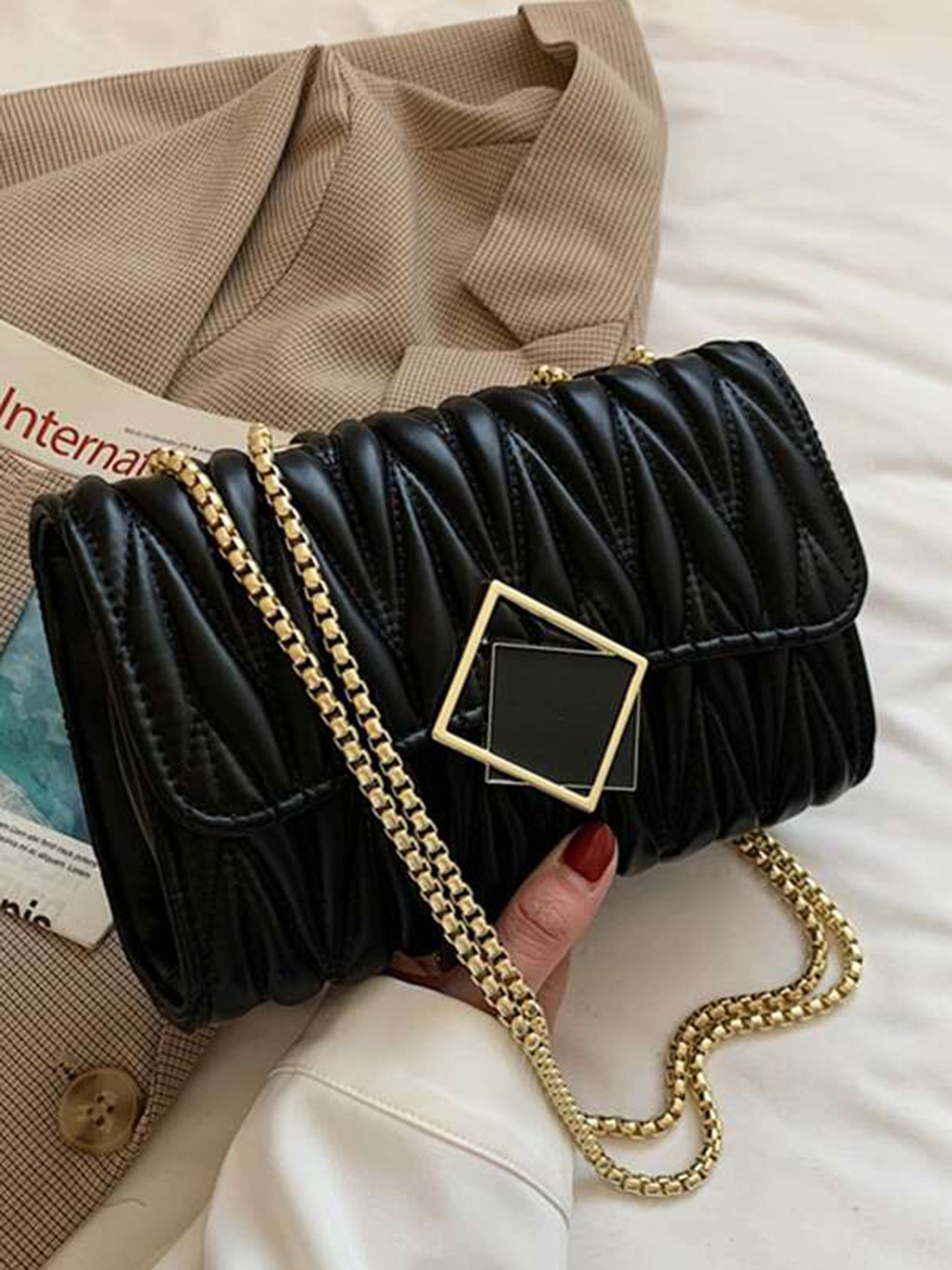 

DressBerry Self Design Structured Sling Bag, Black
