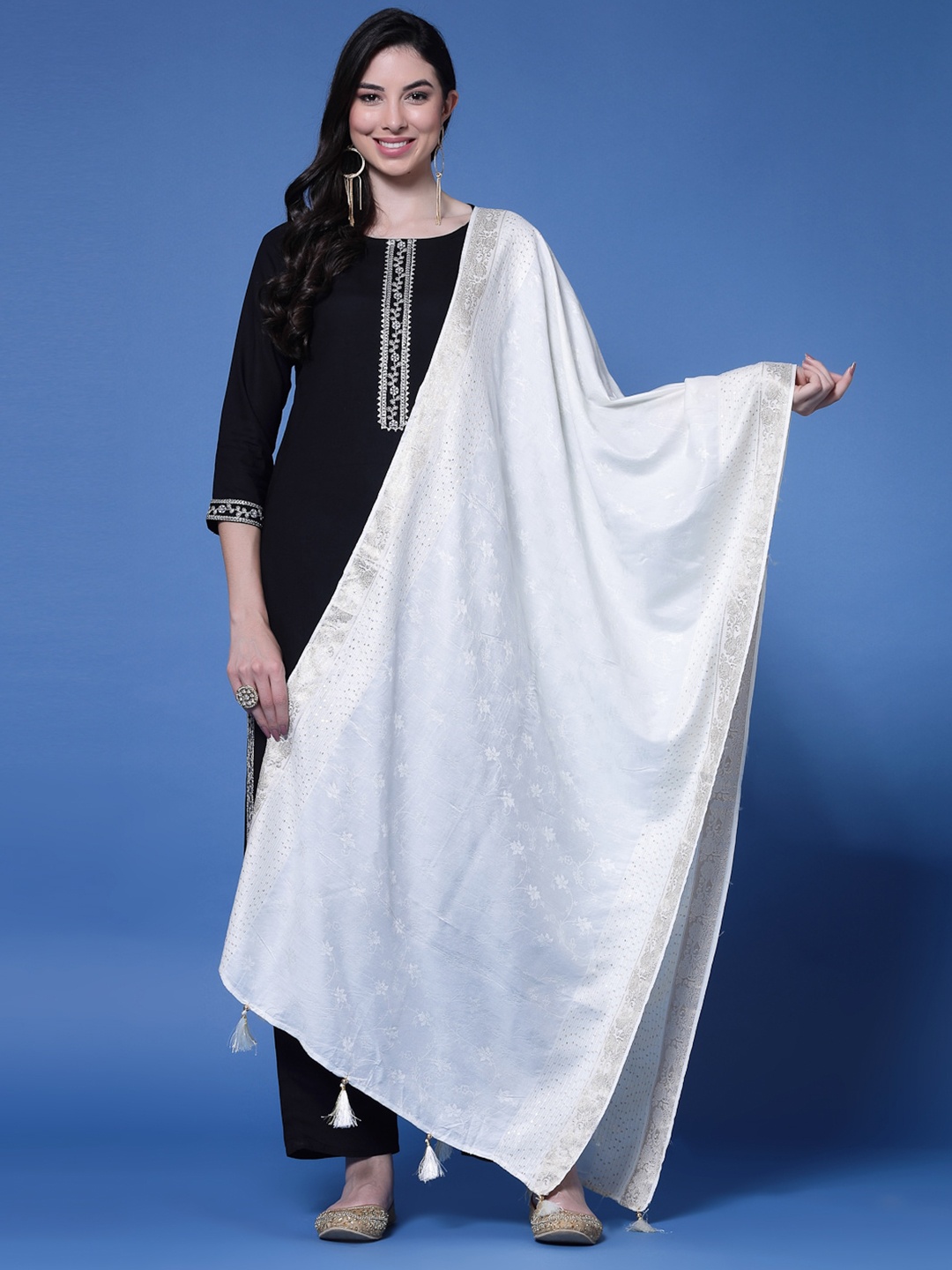 

Clora Creation Floral Woven Design Dupatta With Sequined Details, Cream