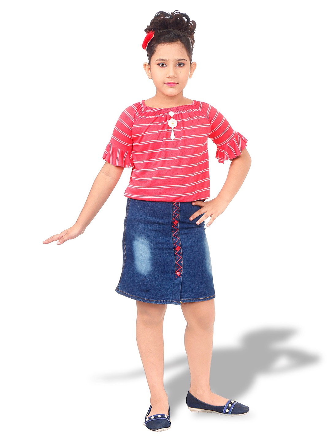 

BAESD Girls Striped Printed Top With Skirt, Red