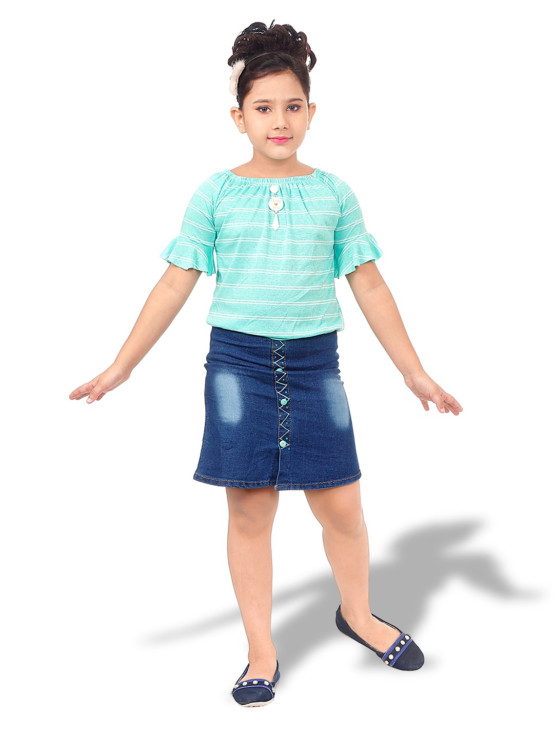 

BAESD Girls Striped Bell Sleeves Top with Denim Skirt, Turquoise blue