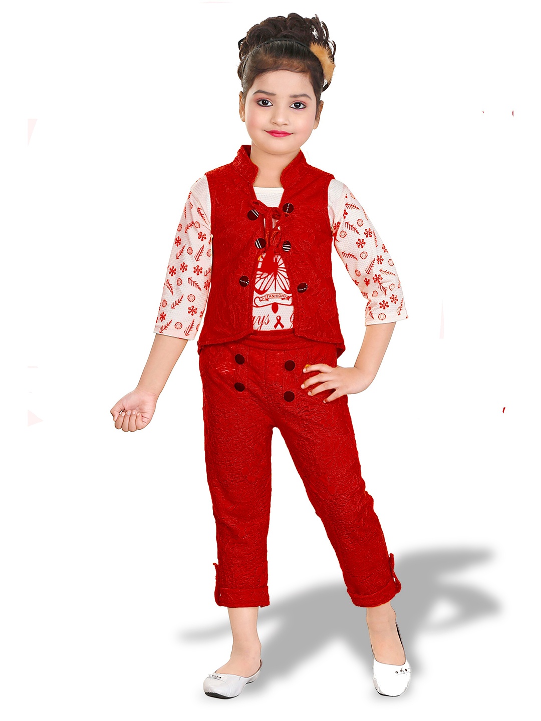 

BAESD Girls Printed Top With Capris & Jacket, Red