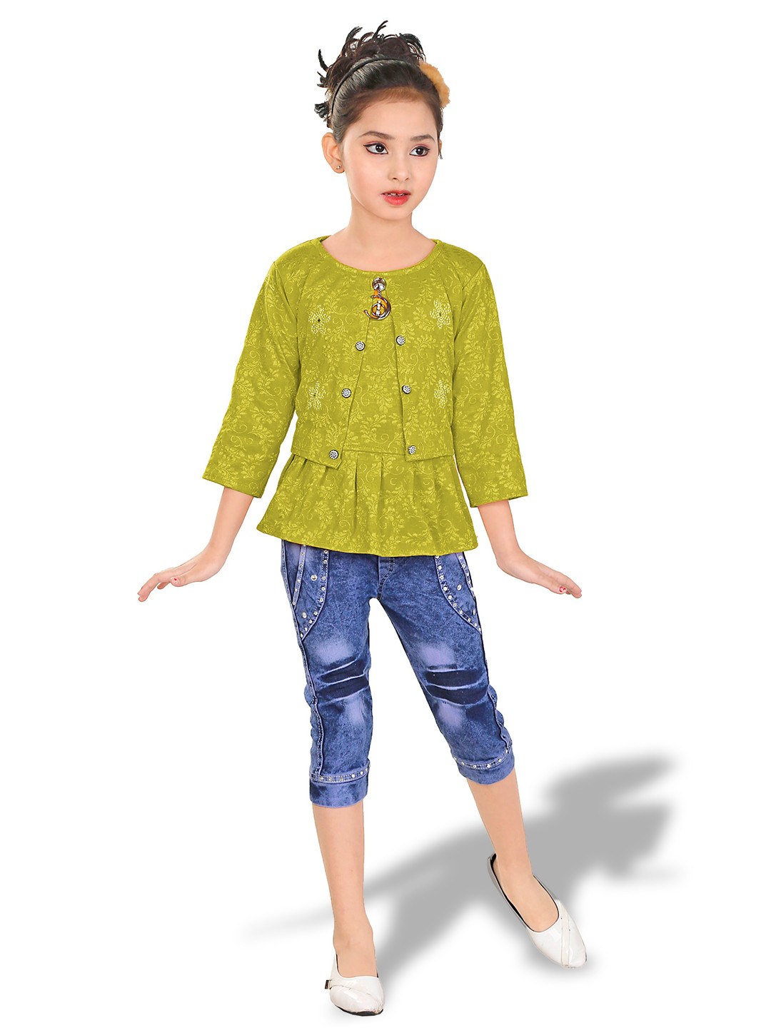 

BAESD Girls Printed Layered Top with Denim Capris, Green