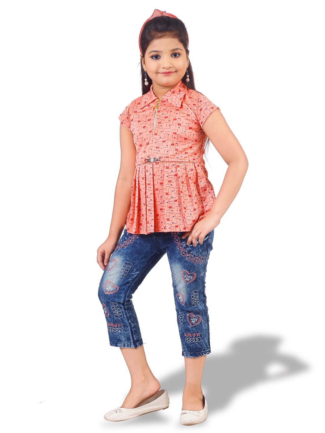 

BAESD Girls Printed Shirt Collar Top with Capris, Orange
