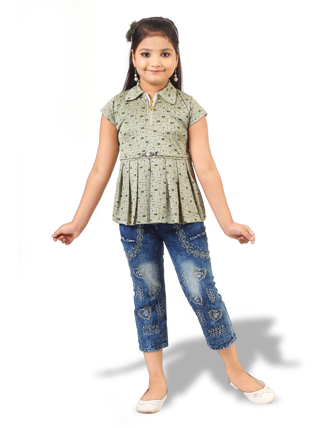 

BAESD Girls Printed Shirt Collar Top with Capris, Green