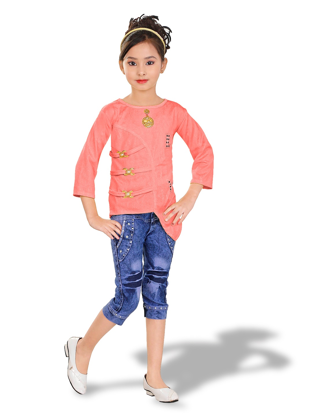 

BAESD Girls Embellished Detail Top with Denim Capris, Peach