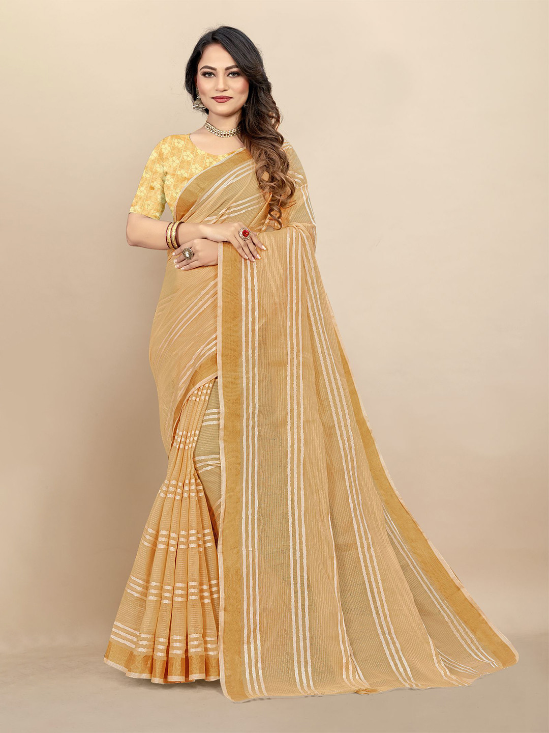 

Dori Striped Zari Pure Cotton Saree, Beige