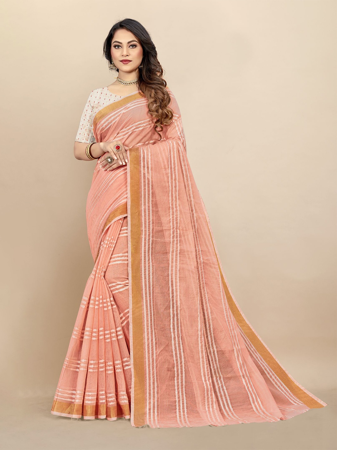 

Dori Striped Zari Pure Cotton Saree, Pink