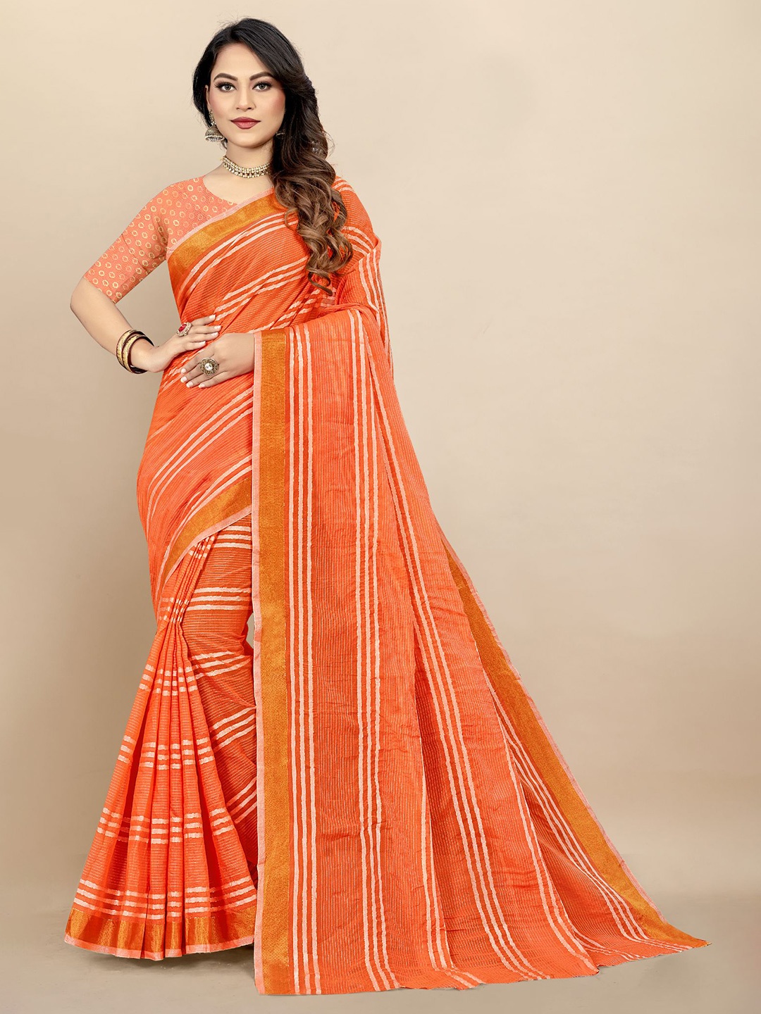 

Dori Striped Zari Pure Cotton Saree With Blouse Piece, Orange
