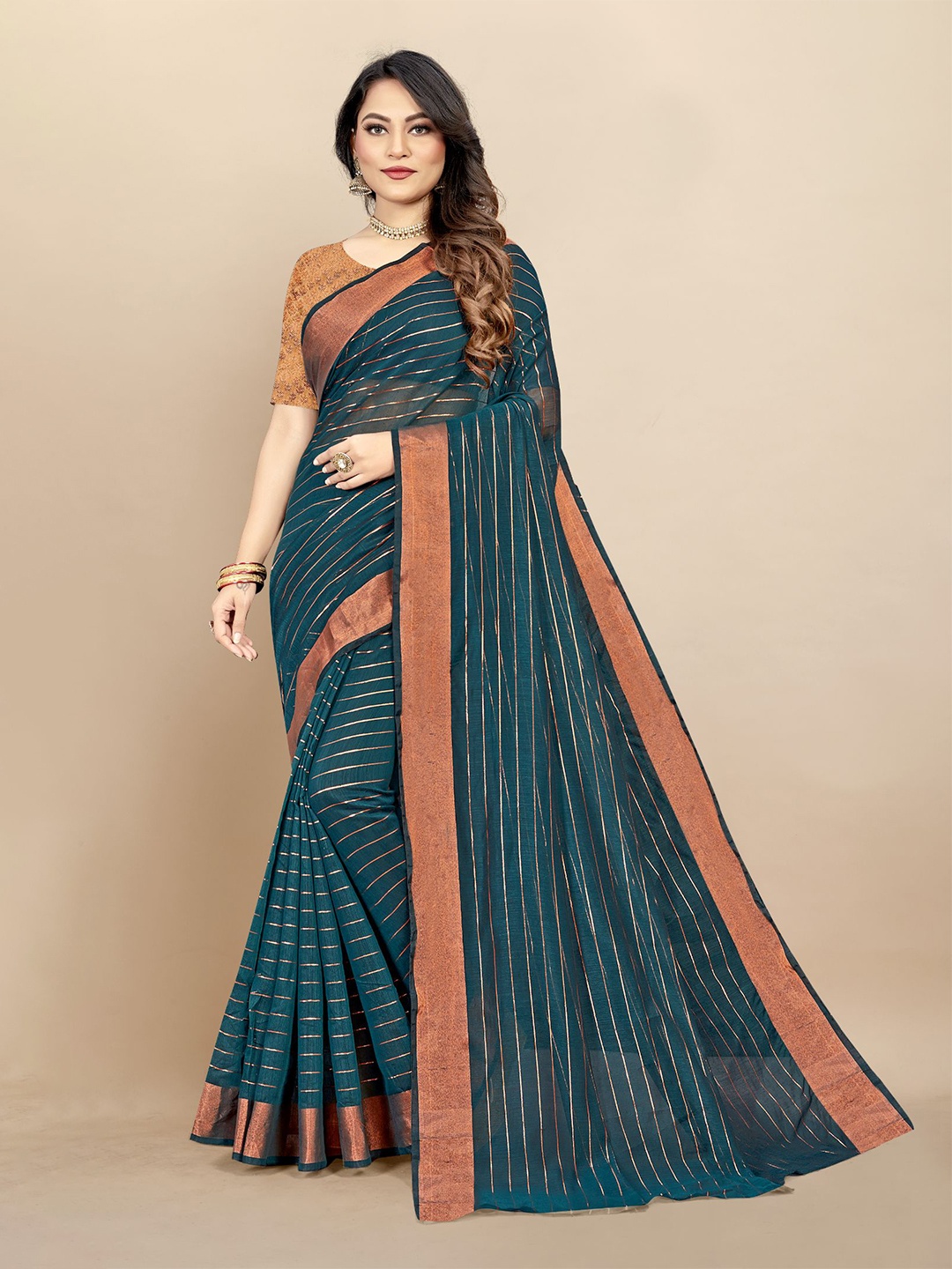 

Dori Striped Zari Pure Cotton Saree, Teal