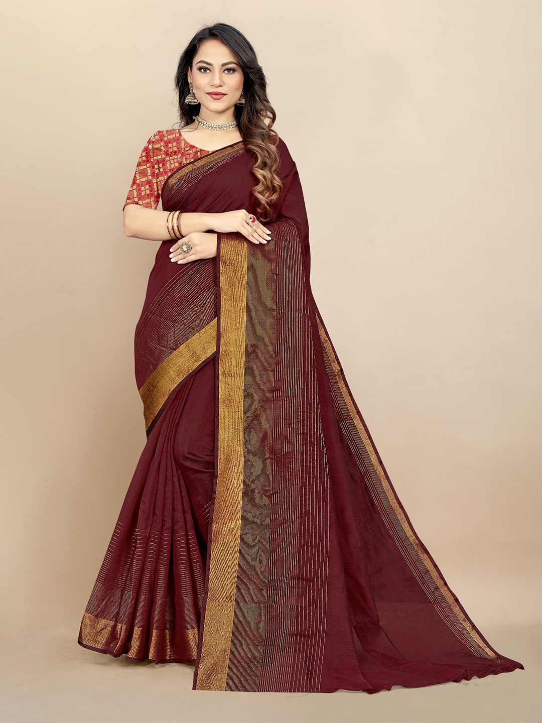 

Dori Striped Zari Pure Cotton Saree, Maroon