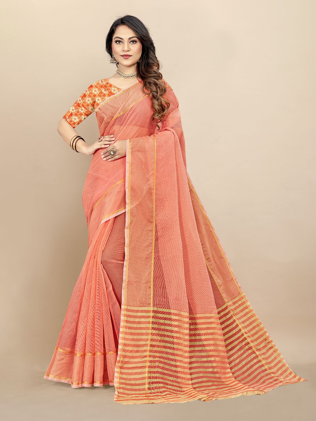 

Dori Striped Pure Cotton Saree, Peach