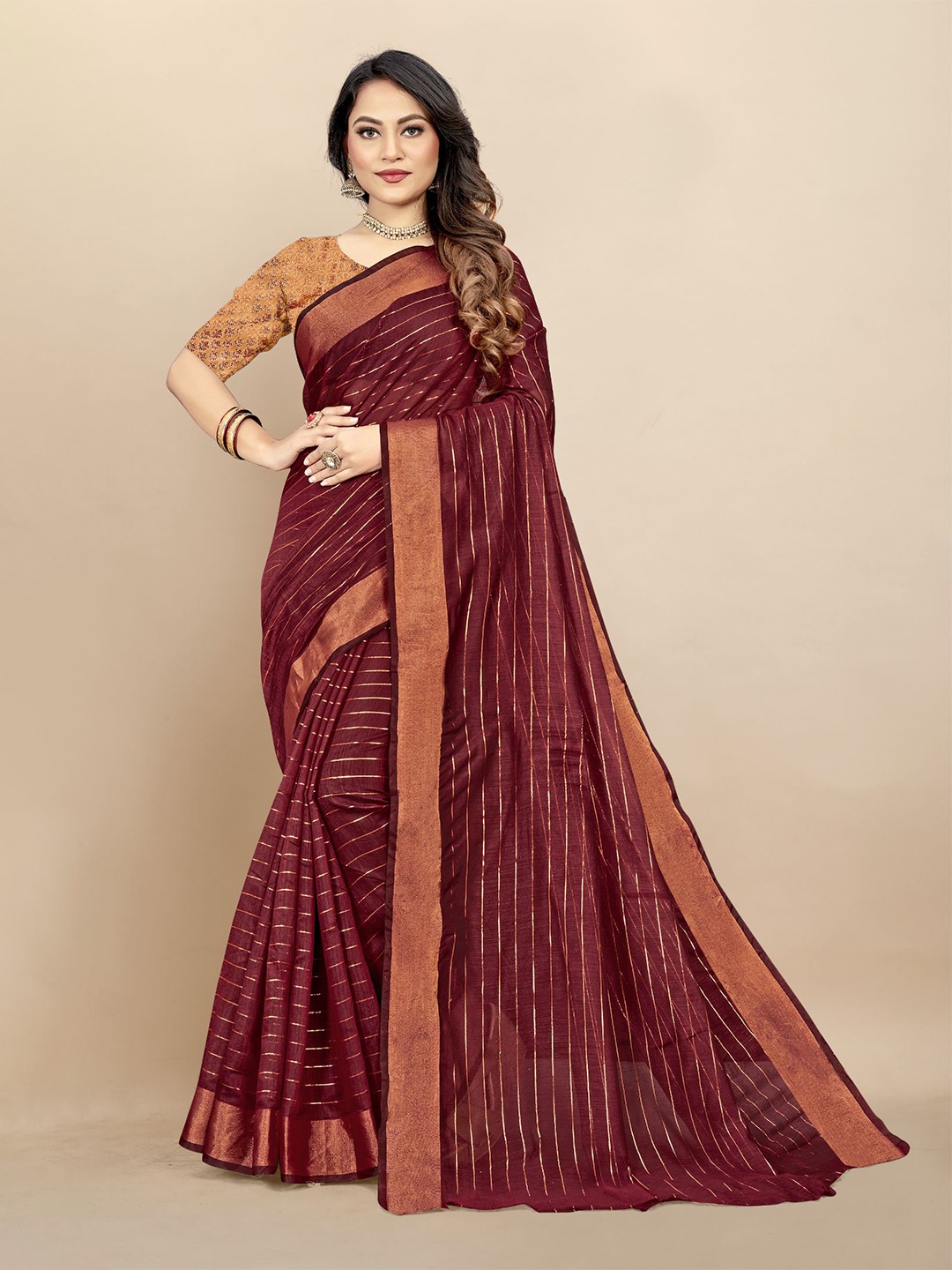 

Dori Striped Zari Pure Cotton Saree, Maroon