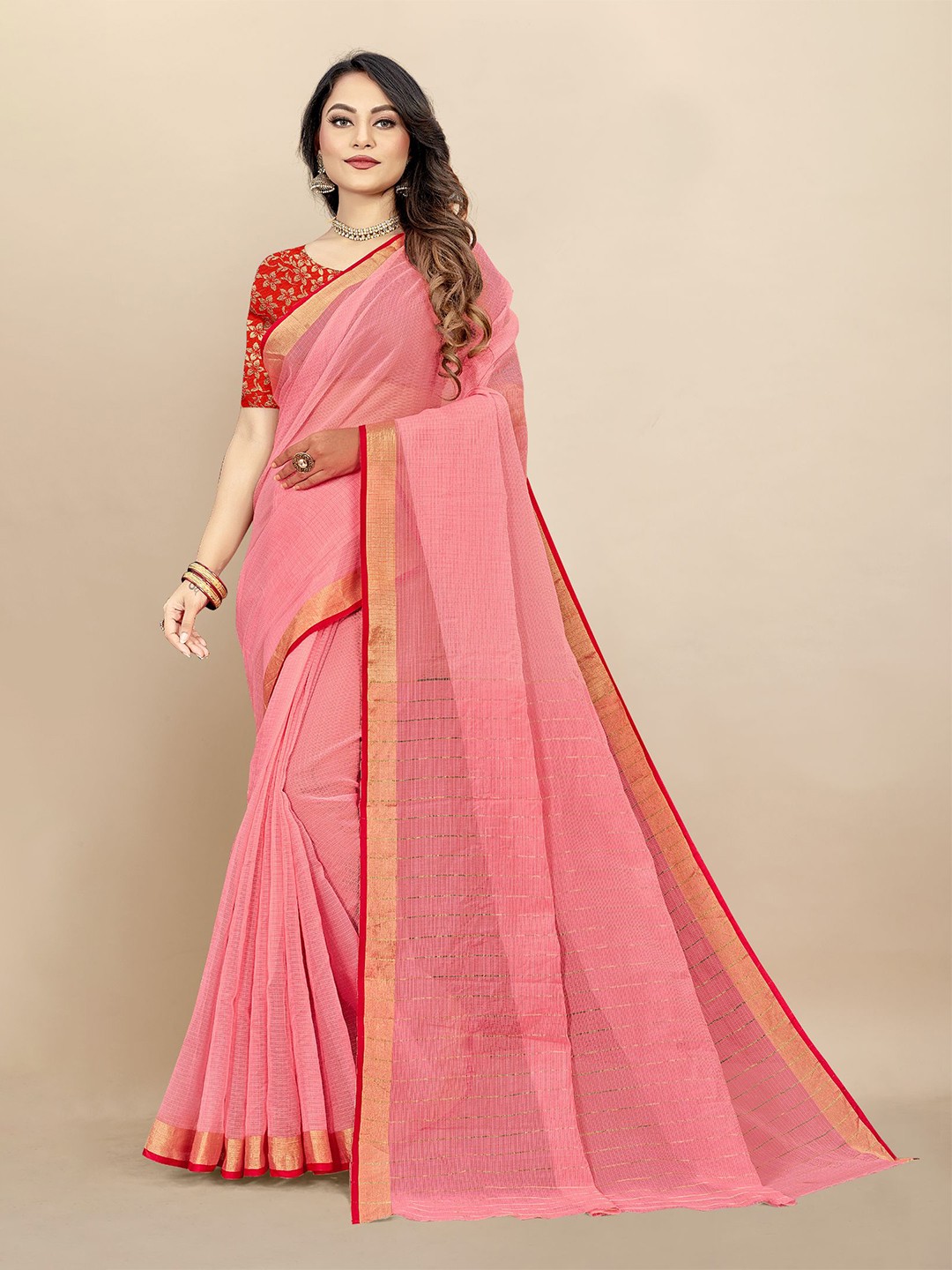 

Dori Striped Zari Pure Cotton Saree, Pink