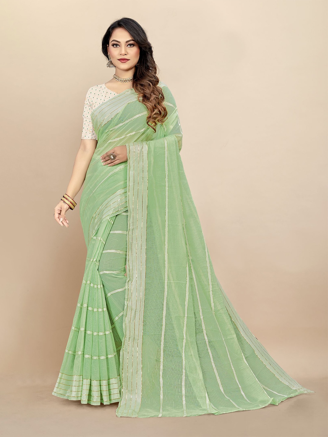 

Dori Striped Zari Pure Cotton Saree, Green