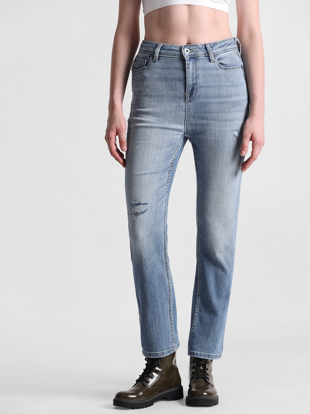 

ONLY Women High-Rise Mildly Distressed Heavy Fade Cropped Stretchable Jeans, Blue