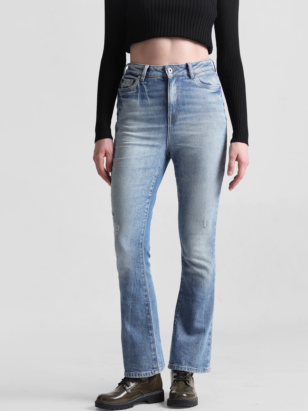 

ONLY High-Rise Low Distress Heavy Fade Cat Scratches Flared Cropped Stretchable Jeans, Blue