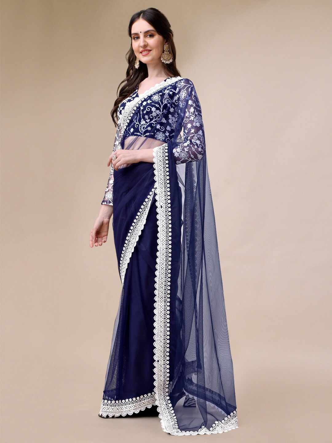 

Inddus Embroidered Net Saree, Navy blue
