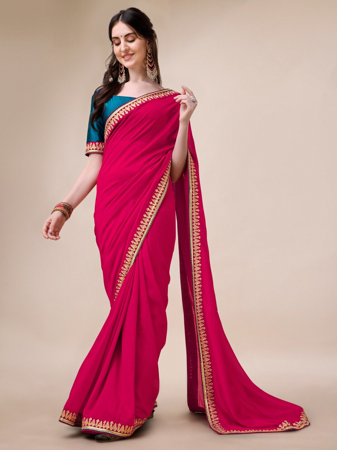 

Inddus Embroidered Silk Blend Saree, Magenta