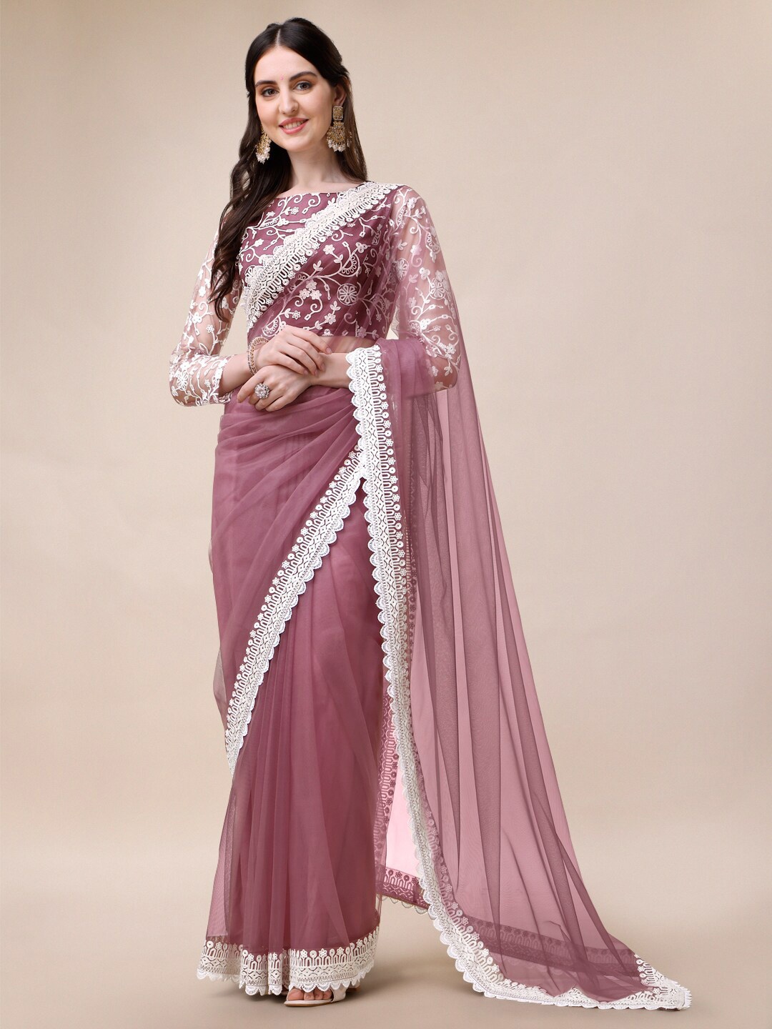 

Inddus Embroidered Net Saree, Mauve