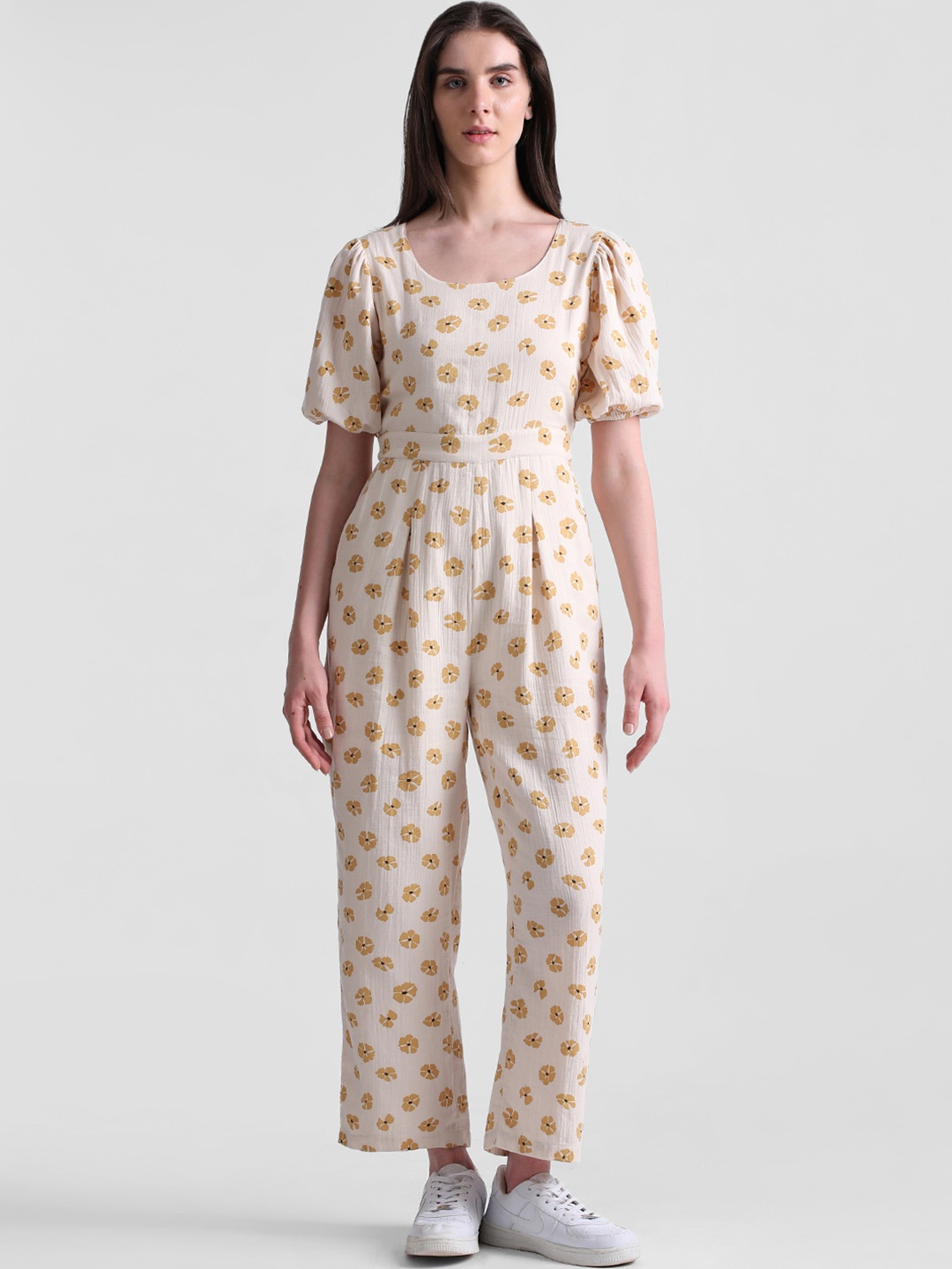 

ONLY Floral Printed Scoop Neck Puff Sleeves Pure Cotton Basic Jumpsuit, Beige
