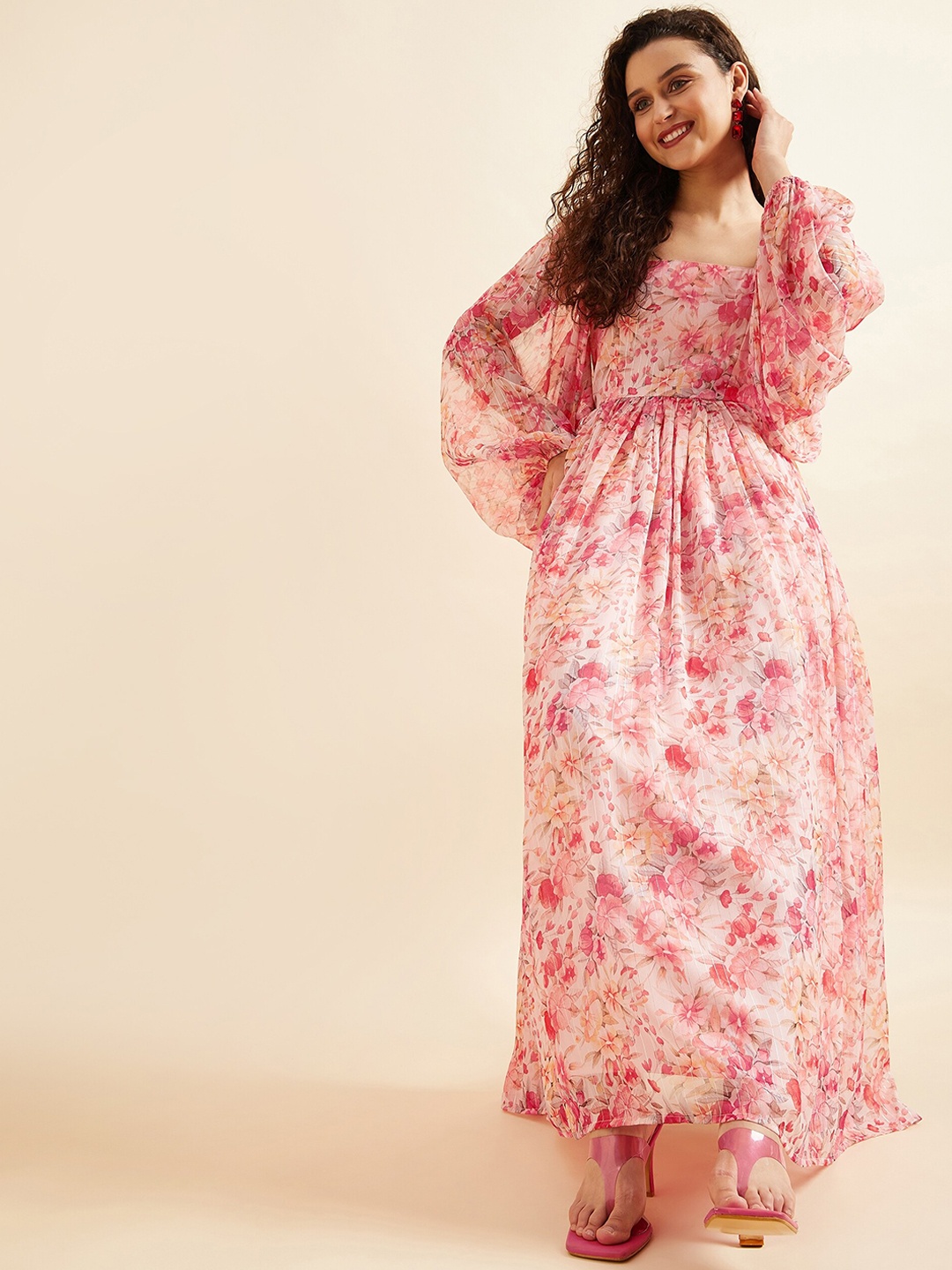 

PANIT Peach-Coloured & Pink Floral Printed Georgette Fit & Flare Maxi Ethnic Dress