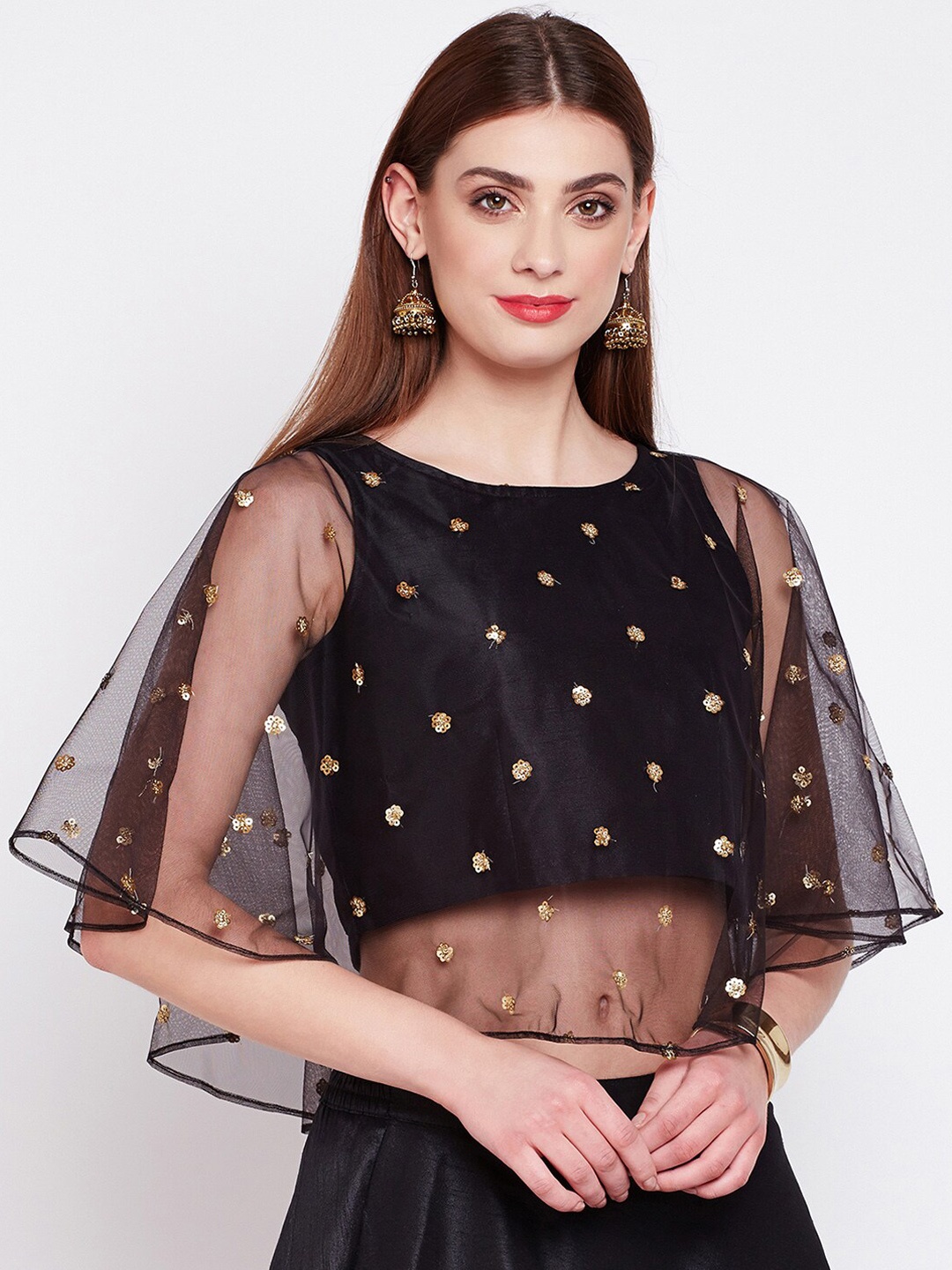 

studio rasa Embroidered Cape Sleeves Saree Blouse, Black