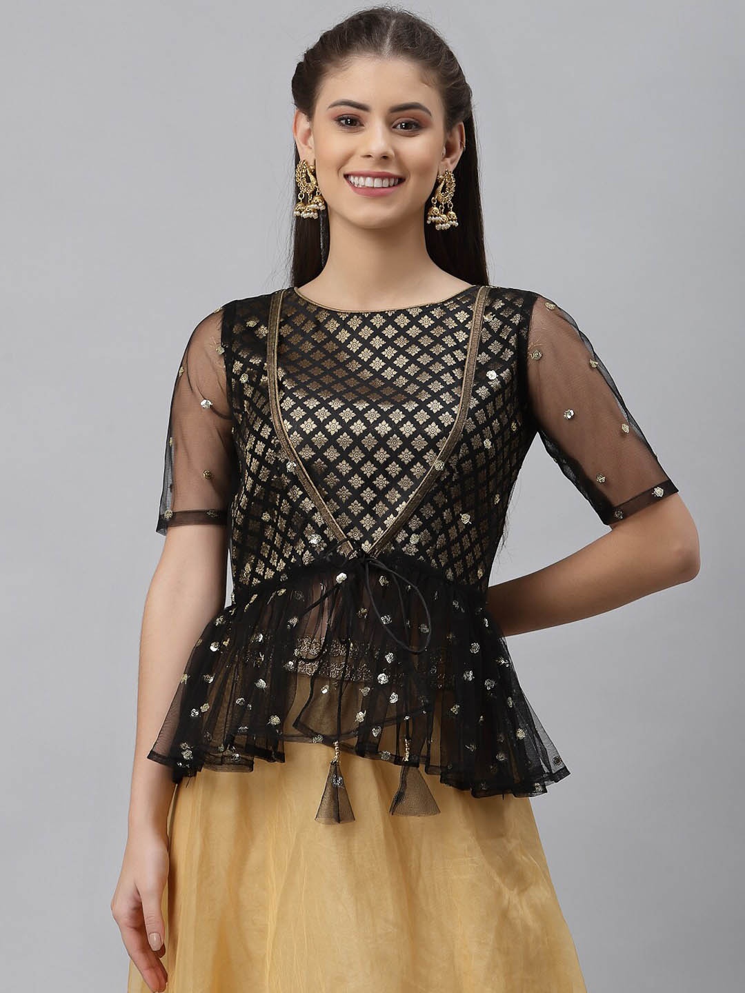 

studio rasa Ethnic Motifs Self Design Peplum Top, Black