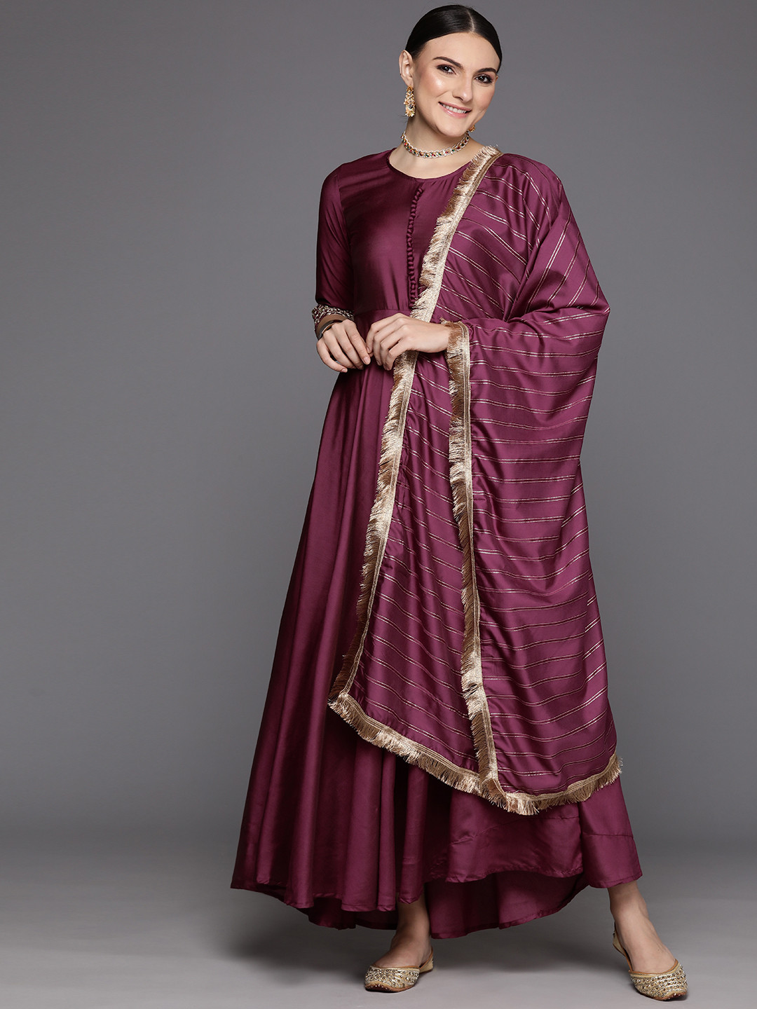 

Indo Era Floral Embroidered Liva A-Line Maxi Dress with Dupatta, Burgundy