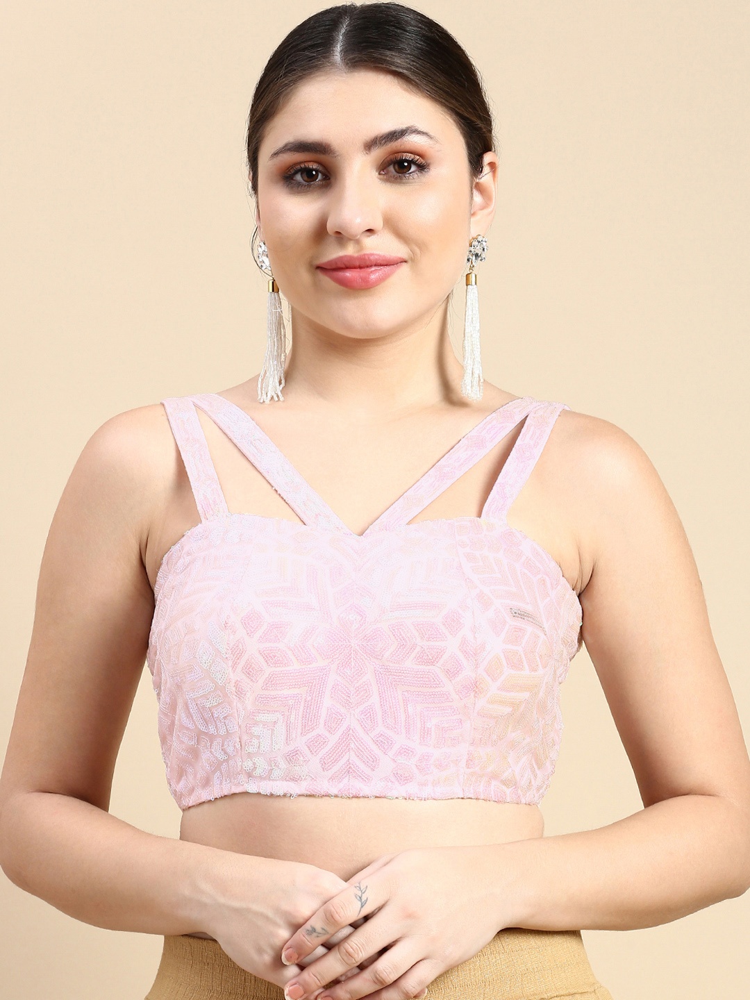 

flaher Embroidered Sequinned Padded Net Readymade Blouse, Pink
