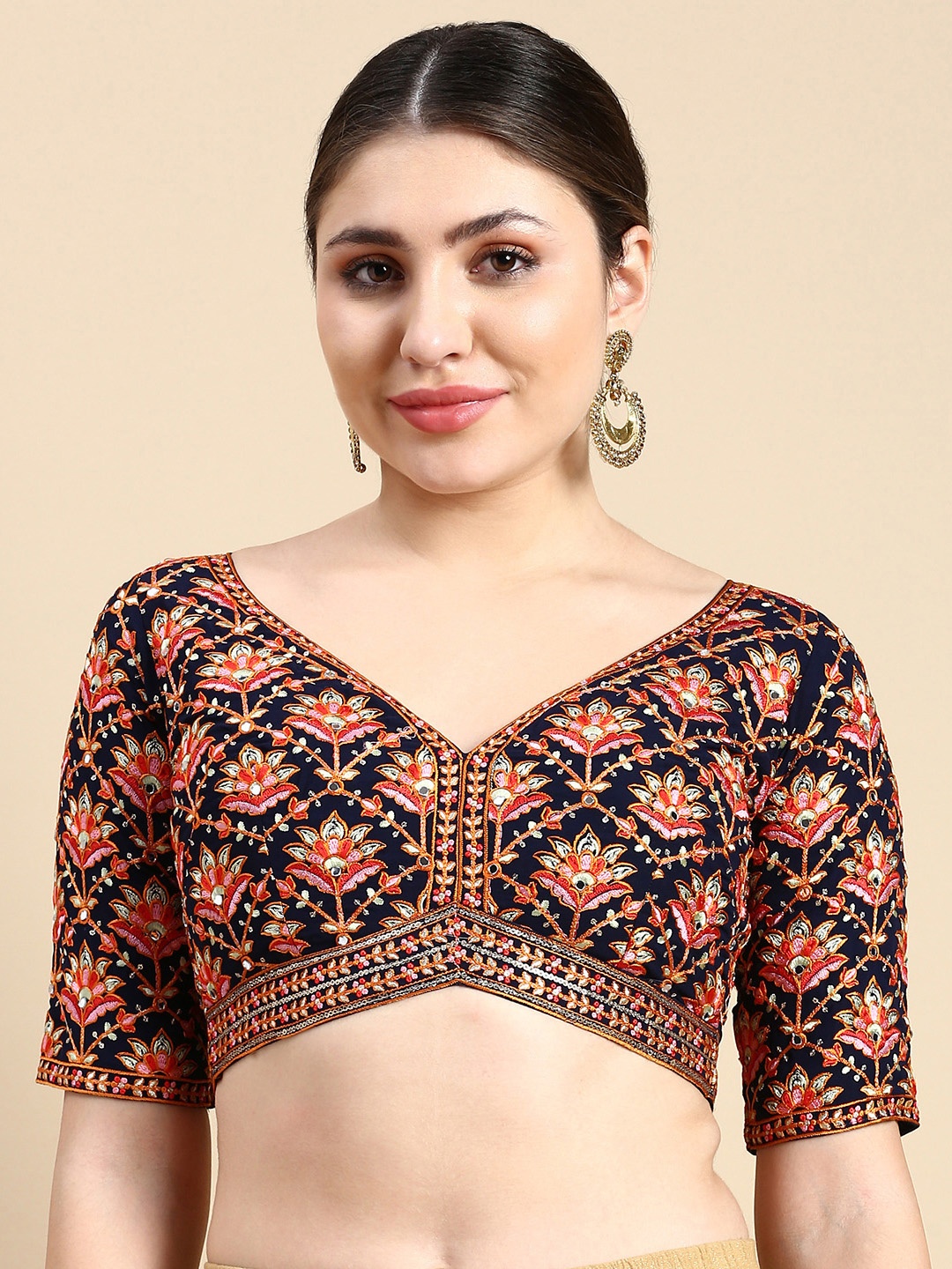 

flaher Embroidered Mirror Work Readymade Padded Saree Blouse, Navy blue