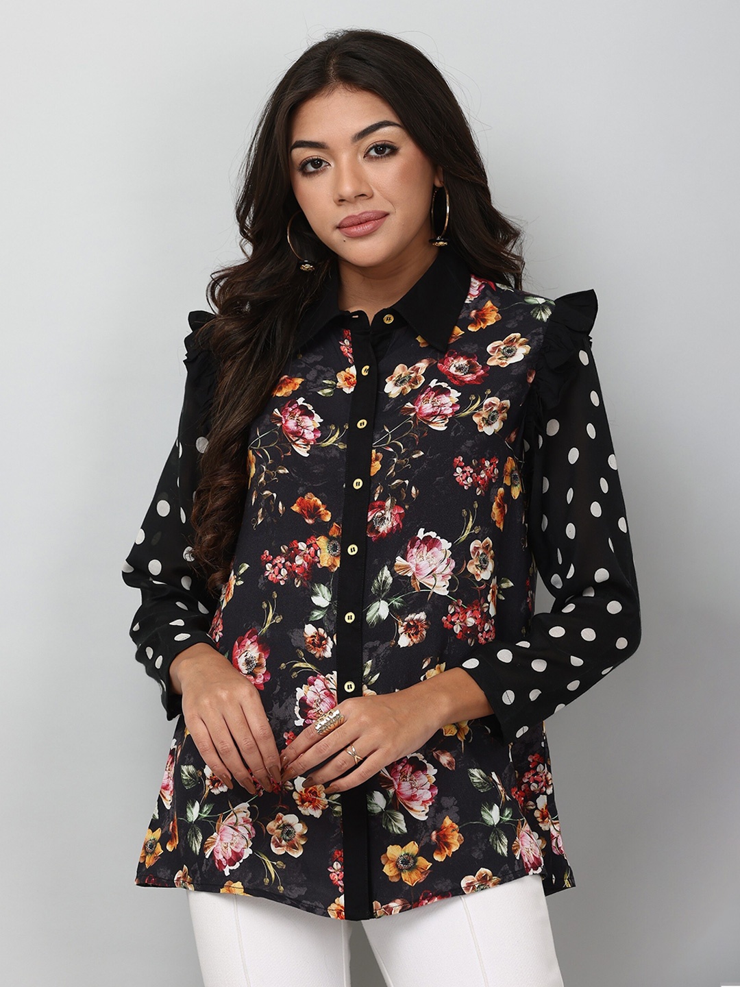 

TSM Floral Printed Ruffles Detail Casual Shirt, Black