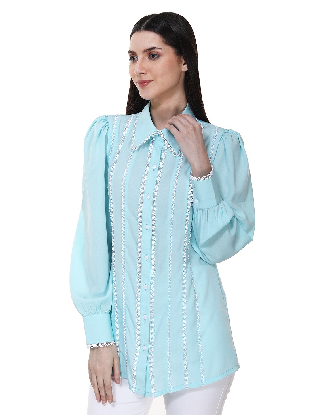 

TSM Lace Inserted Striped Puff Sleeves Casual Shirt, Blue