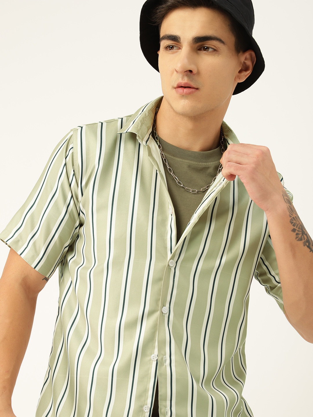 

Kook N Keech Men Standard Opaque Striped Casual Shirt, Olive