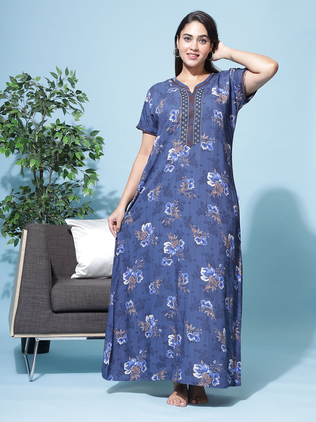 

9shines Label Floral Printed V-Neck Maxi Nightdress, Blue