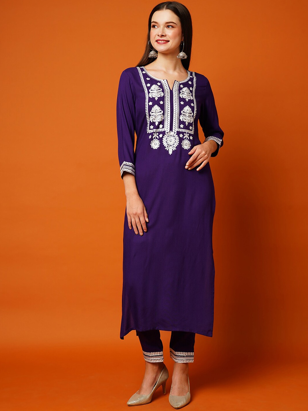 

KALINI Floral Embroidered Straight Kurta with Trousers, Violet