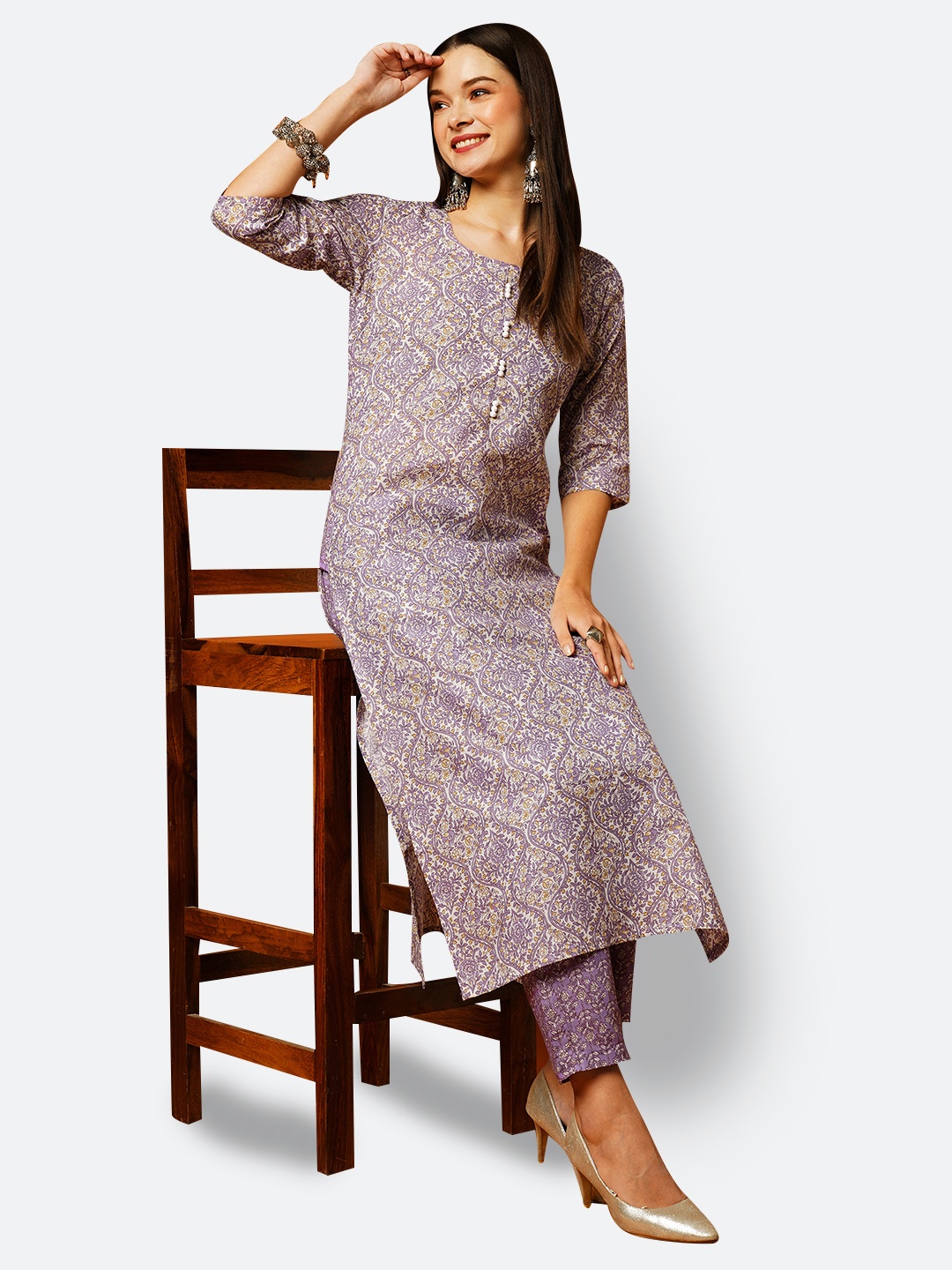 

KALINI Ethnic Motif Printed Straight Kurta with Trousers, Violet