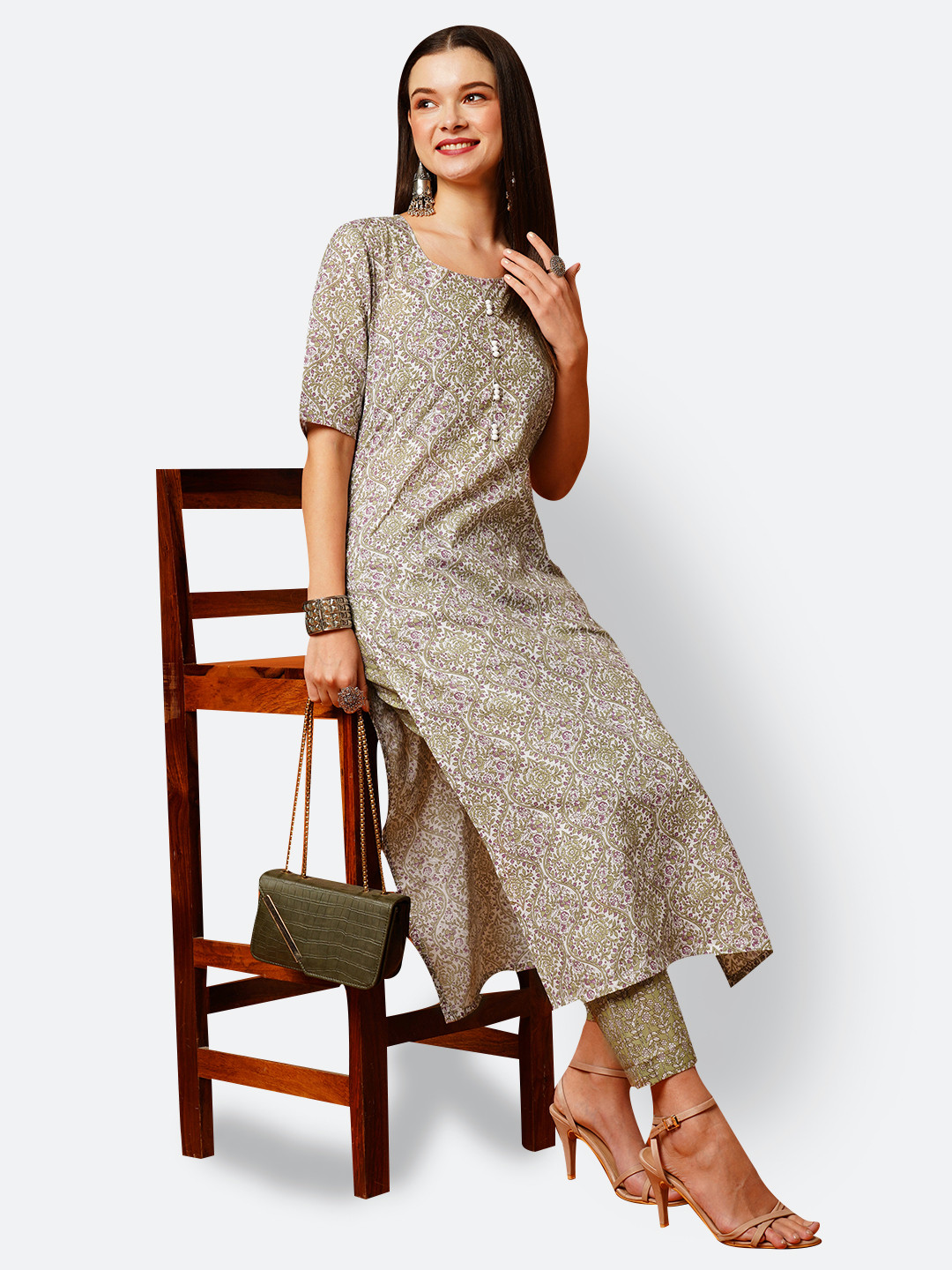 

KALINI Floral Printed Regular Kurta With Trousers, Green