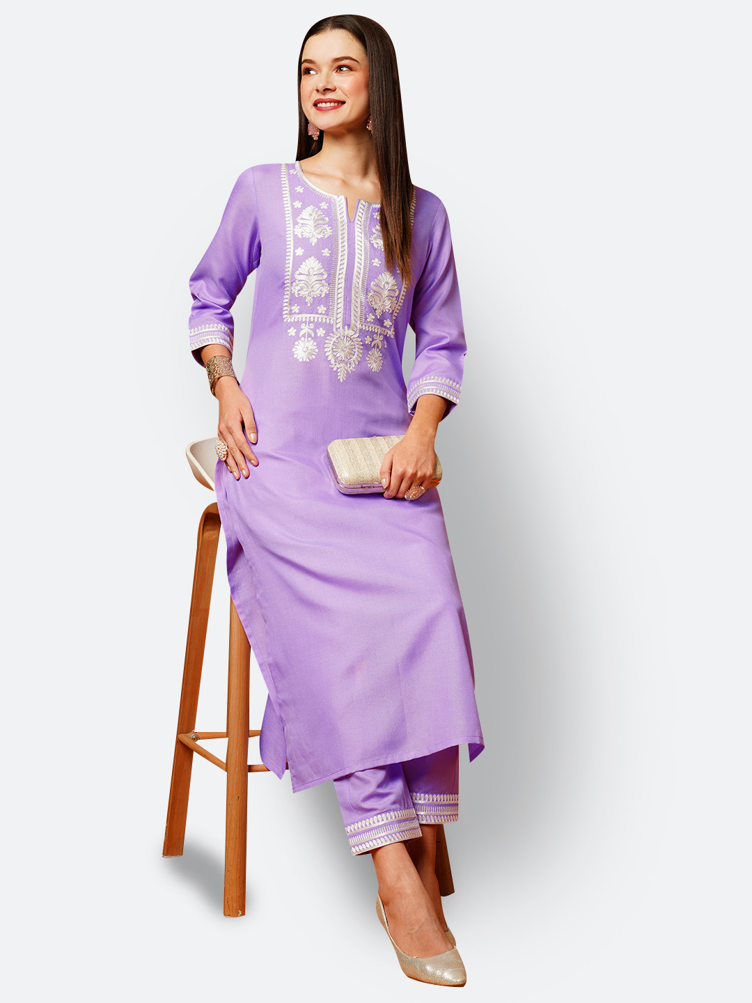 

KALINI Ethnic Motif Embroidered Regular Thread Work Kurta With Trousers, Purple