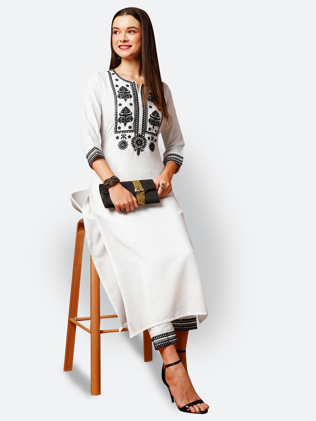 

KALINI Ethnic Motifs Embroidered Regular Thread Work Kurta With Trousers, White