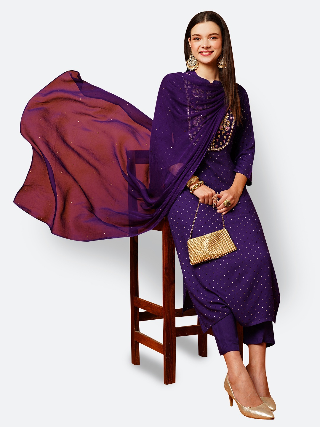 

GoSriKi Floral Embroidered Regular Kurta With Trousers & Dupatta, Violet