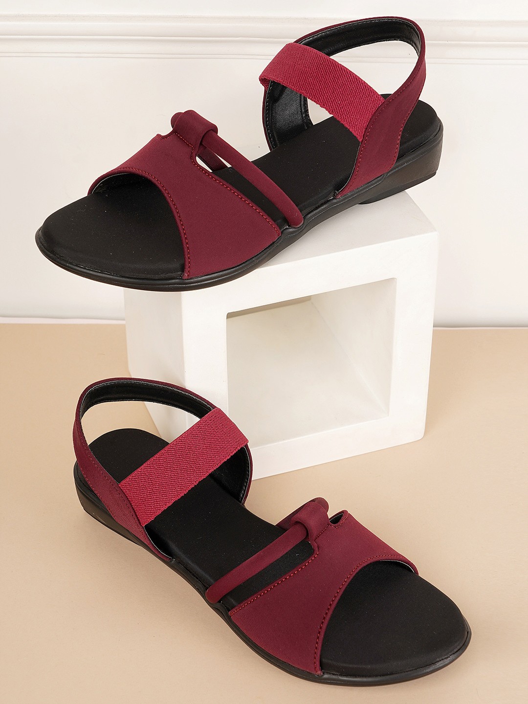 

Style Shoes Textured Open Toe Flats With Backstrap, Burgundy