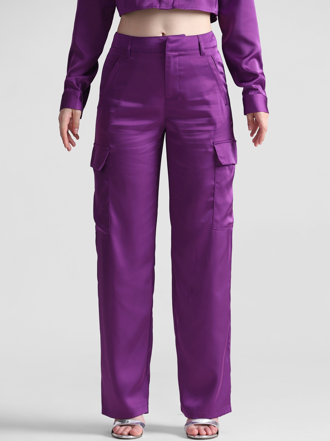 

ONLY Women High-Rise Plain Straight Fit Cargos, Purple