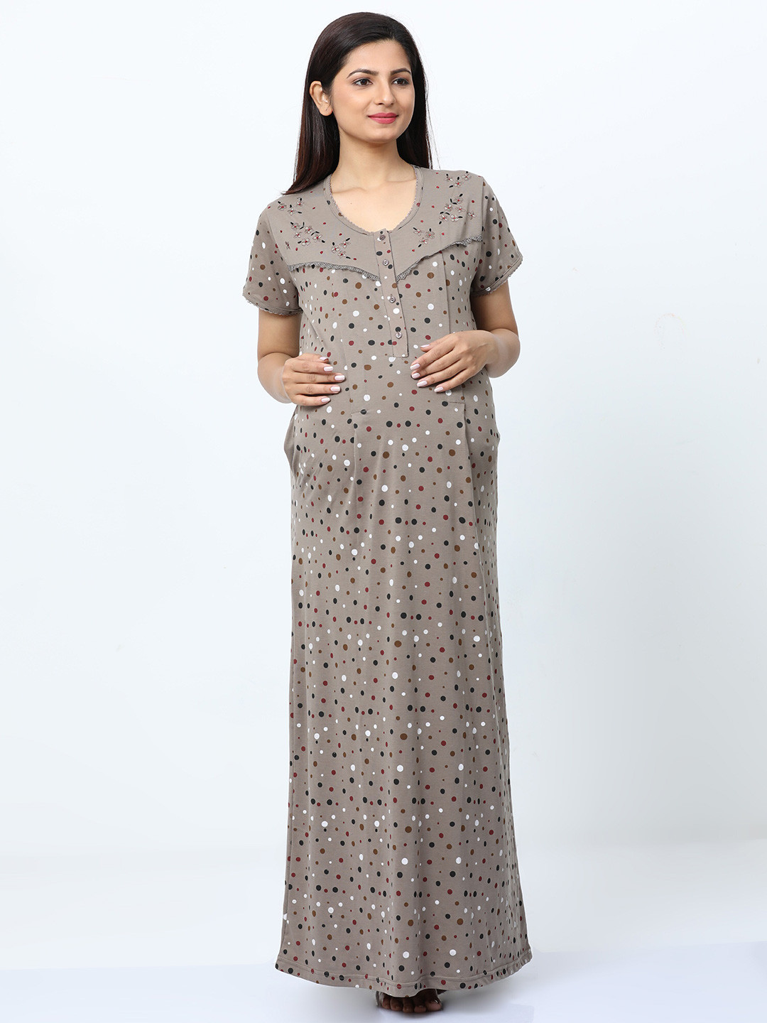 

9shines Label Polka Dots Printed Maternity Maxi Nightdress, Khaki